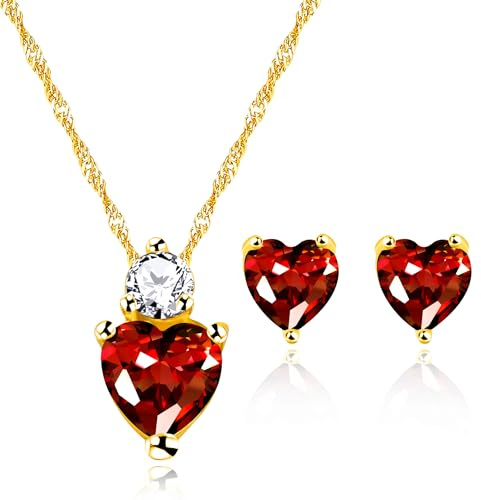 JunyiDIY Halsband för kvinnor örhängen set, hjärtformat zirkon hänge halsband för mamma syster fru alla hjärtans dag födelsedag mors dag smyckesgåva, Adjustable, Sten, Zirkon