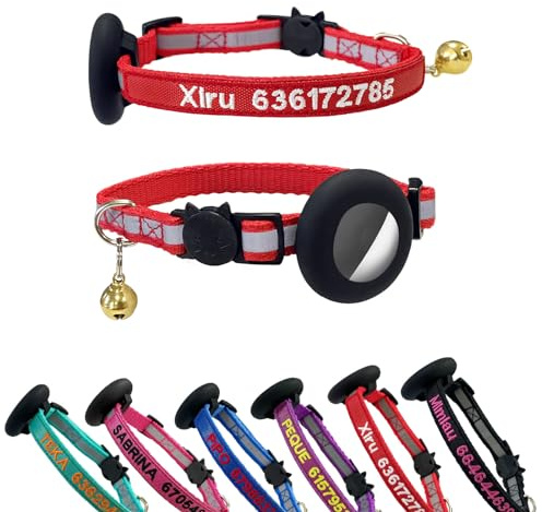 Benutzerdefiniertes Katzenhalsband, personalisierbar, Nylon, bestickt mit Haustiernamen und Telefonnummer, mit wasserdichter Halterung und Glocke (reflektierend)