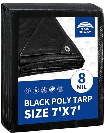 RAINDEWAY Lona negra de 7 x 7 pies, resistente a los rayos UV, multiusos, impermeable, de resistencia media, lona cuadrada para tienda de campaña, cubierta con ojales de metal y bordes reforzados,