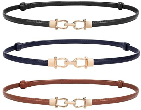 WERFORU 3-pack dam mager bälte för klänning, tunt midjebälte justerbart läderbälte med gyllene spänne, Svart + brun + cyan, Anzug für Taillengröße unter 94cm