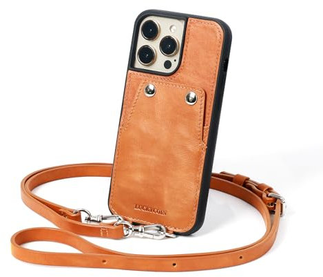 LUCKYCOIN Leather Wallet Phone Case for iPhone 15 Pro Max with Wrist Strap/Card Holder,Genuine Leather Travel Crossbody Case for Women,Purse Cover for Girl,Pouch Case with Adjustable Neck Cord-Brown