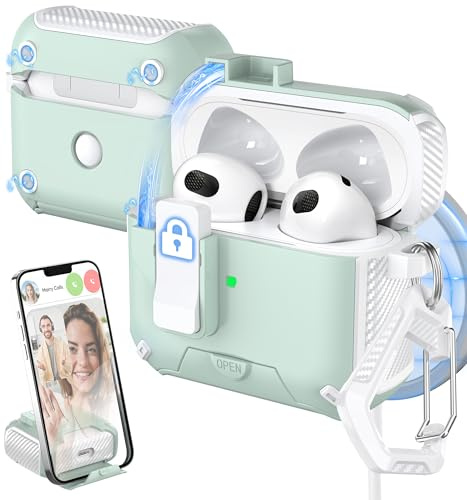 MHYALUDO Funda para AirPods 3rd Gen Case Cover, Compatible con Magsafe, Cierre automático magnético, Puerto de Carga a Prueba de Polvo y diseño de Soporte con Kit de Limpieza,Blanco Nieve/Verde Menta