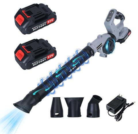 Soffiatore a batteria da 260 km/h, batteria da 21 V, soffiatore a batteria con 2 batterie da 1500 mAh e caricabatterie, velocità a 3 marce e 3 ugelli di soffiaggio, 17000 RPM con batteria e caricatore
