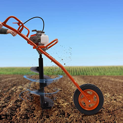 VonVVer Benzin Erdbohrer 63cc 2 Takt 3PS - Lochstanzer Bodenbohrer mit 300mm Bohrschnecke Pfahlbohrer Motorerdbohrer für saubere Bohrungen Benzin Erdlochbohrer Pflanzenbohrer (Orange)
