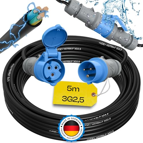 maxgo Camping Stromkabel 5m Wohnwagen Kabel Wohnmobil CEE Stecker Verlängerungskabel 3 Polig 3x2,5 Campingkabel 5 Meter Strom Verlängerung H07RN-F Camper Outdoor Mennekes