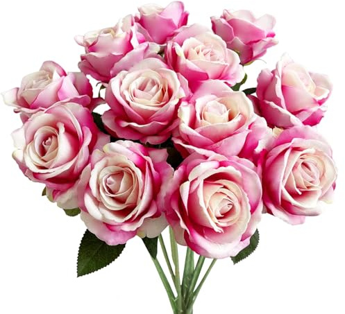 PacuM 12 Stück Künstliche Rosen Seidenblumen Fake Rose 51 * 7cm Einzelne Langstielige Künstliche Rosen Realistische Kunstrosen für Brautstrauß Heiratsantrag Party Haus Garten Dekor (dunkelrosa)