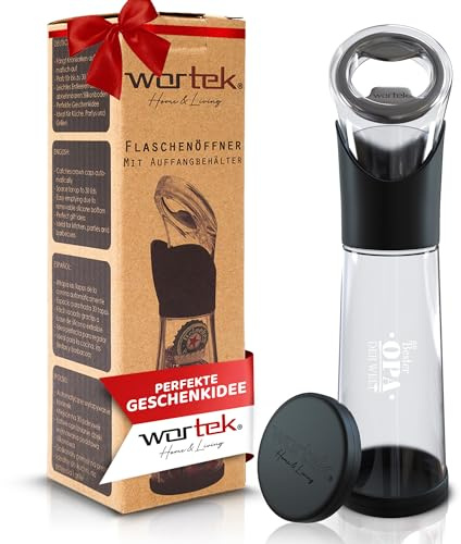 wortek Flaschenöffner mit Auffangbehälter - Getränkeöffner Bieröffner Bierflaschenöffner Kronkorken Sammler Bar Küche Opa Geschenk - Geschenk für Männer und Bierliebhaber - BESTER OPA Gravur