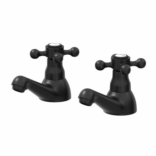 Park Lane® Oxford Bathroom Bath Pillar Tap Set Pair Round Single Crosshead Handle for Bathtub Traditional, Matt Black