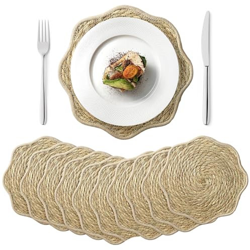 13.8 inch Round Woven Placemats Set of 10 Scalloped Placemats Boho Rattan Place mats Natural Water Hyacinth Flower Shaped Farmhouse Weave Mats Rustic Braided Wicker Mats for Dining Table Home Wedding
