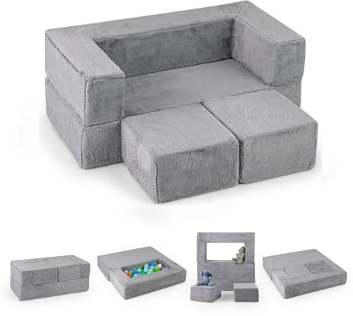 GYMAX Divano Modulare per Bambini, Divano Letto Pieghevole con Copertura Lavabile e Braccioli, Set Divano Giocattolo Convertibile, per Cameretta, Soggiorno, Stanza dei Giochi, Grigio
