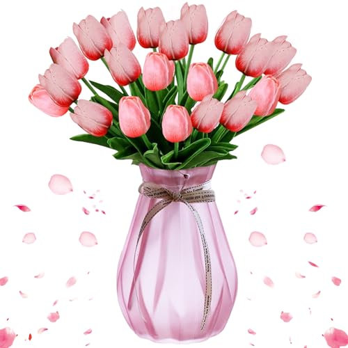 Tulipani Artificiali, 12 Pezzi Fiori Finti di Tulipani, Artificiale Tulipani in Lattice, Artificiali Tulipani con Foglie, for Matrimonio, Festa, Composizioni Floreali, Bouquet da Sposa (Rosa)