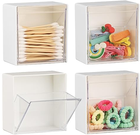 Pangutiandi 4 PCS Wall Mounted Small Storage Boxes, Plastic Hanging Storage Holders, Clear Self-Adhesive Wall Storage Containers for Tea Bags, Hair Clips, Cotton Swab Etc.