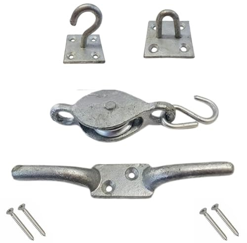 SISI UK Robuste Wäscheleinen-Riemenscheibe und Klammerrolle, Seilzugblock für Wäscheleine, Haken und Öse mit Befestigungsschrauben