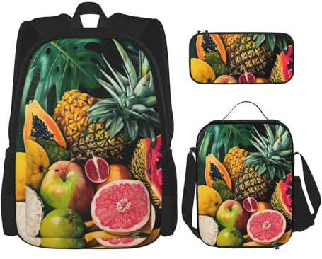 OXKGHHO Juego de mochila de trabajo con estampado de frutas tropicales con lonchera aislada, correas ajustables, para gimnasio y uso diario, Negro -, Talla única