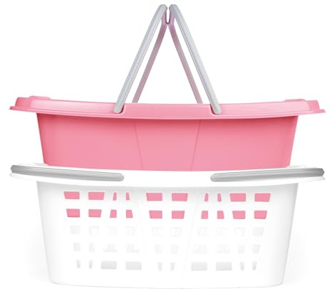 Beldray Stapelbare Wäschekörbe, 2er-Set, 26 l, Rosa/Weiß | Stapelbar, lange Tragegriffe, leicht, ca. 57 x 41 x 21 cm je Korb, zum Sortieren von nasser/trockener Wäsche
