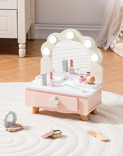 ROBOTIME Set di trucco in legno per ragazze, tavolo da toeletta rosa, specchio conchiglia luminoso, cosmetici finti, giocattoli ruolo, regalo