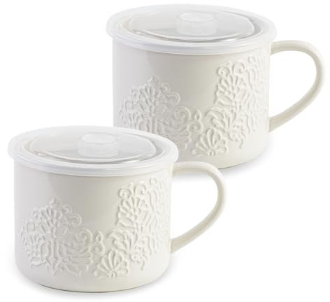 Lunaicorn Soup Bowls with Handle and Vented Lid, 35oz Large Wide Ceramic Soup Mugs, Soup Cups for Ramen, Oatmeal, Pastas, Cereals, Set of 2, Microwave Safe (White)
