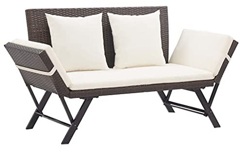 Refined Gartenbank mit Auflagen Sonnenliege Sitzbank Bank Gartenliege Liege Gartenmöbel Balkonbank Parkbank Terrasse 176 cm Braun Poly Rattan