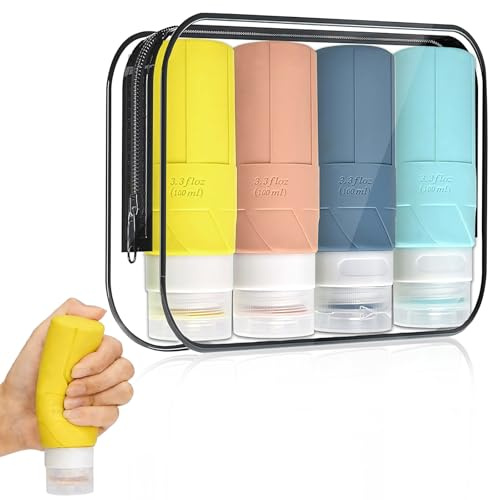 YIQILAIYA Botes Viaje Rellenables de Silicona 100ml, 4 Unidades con Bolsa de Almacenamiento de PVC, Envase de Viaje para Loción, Champú, Cosméticos y Productos de Aseo Personal, Sin BPA