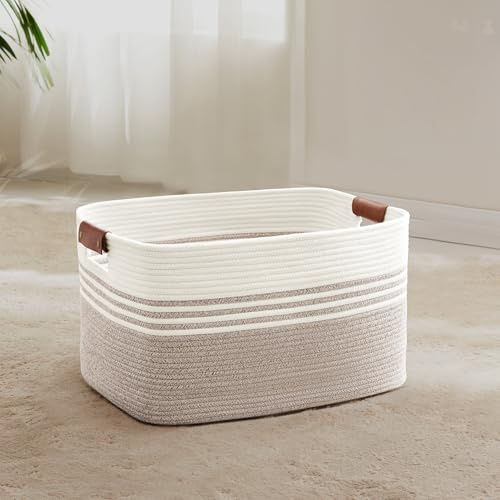 MYHOMMATTO 45L Small Laundry Basket with Leather Handles for Living Room Storage, Woven Rope Baskets Bin for Blanket, Kids Toy, Gifts, Wicker Hamper for Bedroom Dirty Clothes, 18x14x11White Brown