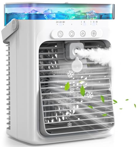 Portable Air Conditioner, 4 in 1 Mini Air Cooler with 1000ml Water Tank, 3 Speeds & 2 Mist Modes, 2/4/8H Timer, Ambient Light, USB Evaporative Mobile AC Cooling Fan for Home Bedroom Desktop Office