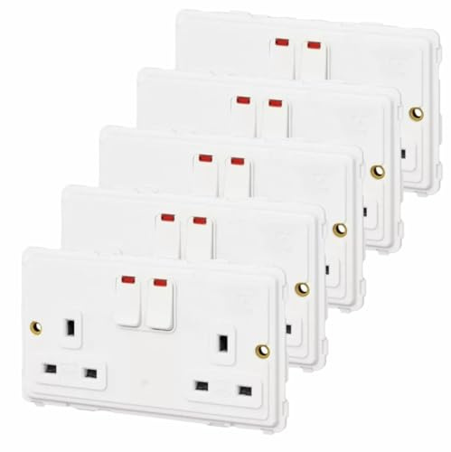 FNX 5 x MK Dimensions MH4347WHIC 2-Gang, Double Pole, 13A, Dual Switch Socket | UK Main Plug Wall Socket with Dual Earth Facility | Safe Electrical Connection & Protection - Easy Installation | White