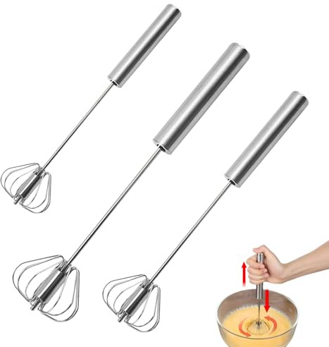 Kinesgsg 3 Piezas Batidors de Acero Inoxidable, Batidor Manual Tipo de Prensa, Batidores Des Huevos Fácil Limpiar, Batidor Giratorio No se Oxida Fácilmente, para Hornear, Mezclar, Huevos, Espumar