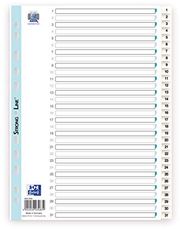 Oxford 400013948 Kunststoff-Register Strong-Line 10er Pack 1-31 31-teilig für DIN A4 Plastikregister mit beschriftbarem Deckblatt blau rot grün gelb Ringbuch Ordner Ring-Mappe
