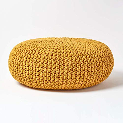 HOMESCAPES Pouf rond tressé en coton, Grand Pouf tricot coloris Jaune moutarde, 70x23 cm