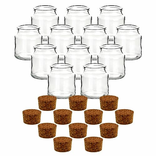 gouveo 12er Set Gewürzglas 200 ml (0,20 l) Gewürzglas 200 ml Rondo mit Presskorken rundes Vorratsglas aus Klarglas für Gewürze, Kräuter, Tee & Kleinteile (KGR200PK)