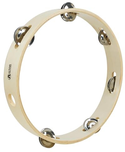 A-Star Pandereta sin cabeza de madera de mano de 10 pulgadas/25 cm, hilera de cascabel individual tradicional
