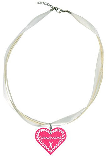 benobler Trachtenschmuck Trachtenkette Organzaband weiß mit Filz Herz Damen Dirndlkette Organzakette Oktoberfest Wunschaufdruck (Herz - pink)