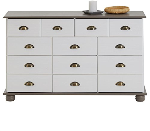 IDIMEX Commode Colmar chiffonnier apothicaire Rangement avec 11 tiroirs en pin Massif lasuré Blanc et Taupe