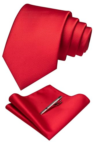 RBOCOTT Red Silk Tie and Pocket Square, Necktie Tie Clip Set for Men, Red, general