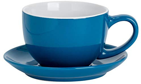 Argon Tableware Blue Cappuccino Cup with Saucer - 250ml Dishwasher Safe Gloss Stoneware Cappuccino Cups and Saucer Set Coffee Mugs with Handle and Grooved Plate
