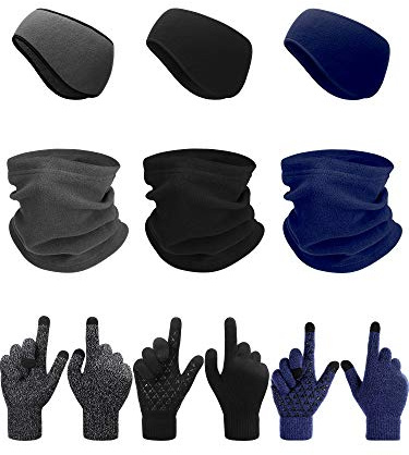 9 Pcs Unisex Winter Accessory Set Include Fleece Ear Warmers Headband Earmuff Winter Neck Gaiter Touchscreen Knit Gloves(Black, Navy Blue, Grey)