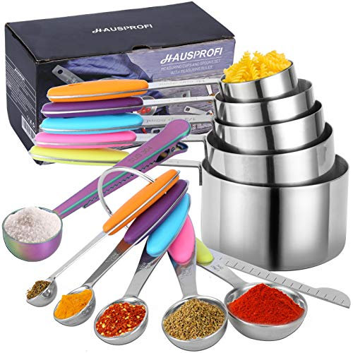 HAUSPROFI Measuring Cups and Spoons Set of 14, Stainless Steel Cup Measurement Set with Measuring Scoop and Clip for Food, Soft Silicone Handle and Ruler, for Baking, Kitchen Cooking, Liquid and Solid