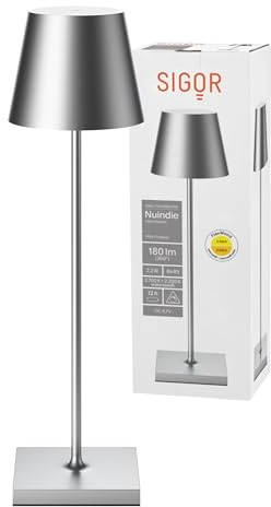 SIGOR Nuindie - Dimmbare LED Akku-Tischlampe Indoor & Outdoor, aufladbar mit Easy-Connect, 12h Leuchtdauer, silber