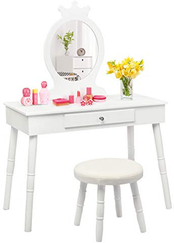 COSTWAY Kinder Schminktisch, 2 in 1 Make-up Tisch & Schreibtisch mit abnehmbarem Spiegel & Hocker, Frisiertisch mit Schublade & Kiefernbeinen, Kosmetiktisch bis 65kg belastbar, 70 x 34 x 100cm (Weiß)