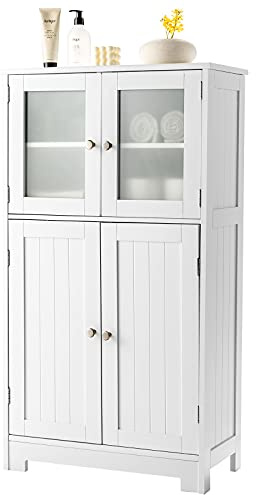 COSTWAY Badezimmerschrank, mit Glastüren & verstellbarem Regal, Badschrank Hochschrank Holz, Badkommode Aufbewahrungsschrank für Badezimmer, Küche, Wohnzimmer (Weiß)
