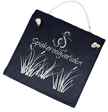 Schild Spiekeroogverliebt - aus Schiefer - 11 x 11 cm - Anker Schilf Motiv