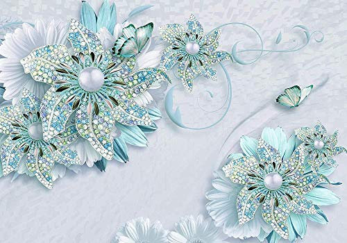 Papel tapiz fotográfico Flores de color turquesa Flores, murales de pared, mural, papel tapiz con motivos, papel tapiz de seda, mariposa, joyería, efecto 3D-150x105 CM