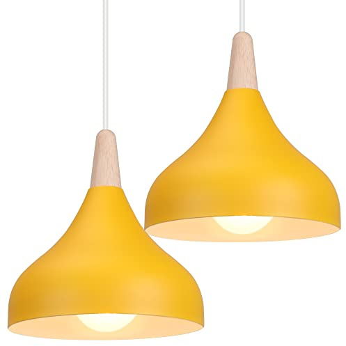 iDEGU 2 Stücke 20cm Hängelampe Retro E27 Hängeleuchte Moderne Tropfenförmig Hut Deckenleuchte aus Metall Holz Pendelleuchte für Schlafzimmer Esszimmer Küche (Gelb)