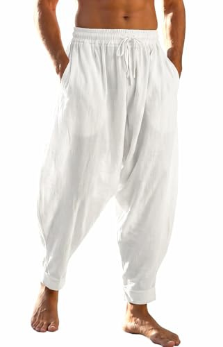 PACEIADTA mäns lediga haremsbyxor lös elastisk midja hippie Aladdin drop crotch byxa, Vit-3, L