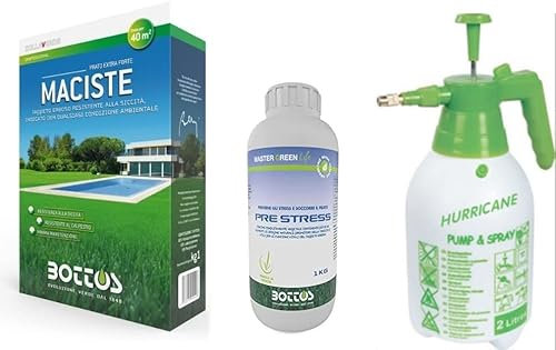 Maciste, Sementi per tappeto erboso ideale per zone aride 1Kg (40mq) + Concime Liquido PreStress 1kg protettivo da stress vegetativi di siccità e alte temperature,Bottos con Pompa Nebulizzatore da 2L