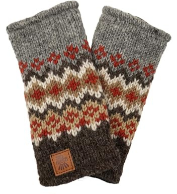 Handvärmare i ull för kvinnor fleecefodrad handstickad Fair Isle flerfärgad en storlek handgjord extra varm Pachamama Fair Trade, Grå, brun, röd, kaki, benvit, M