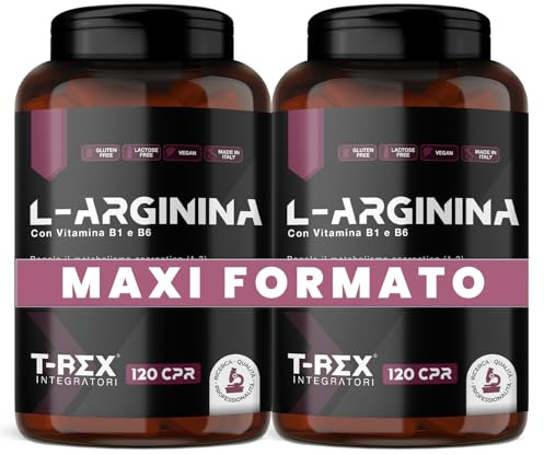 T-Rex Integratori L-Arginina 1000 mg con Vitamine B1 e B6 | Alto dosaggio | 240 compresse di L-Arginina HCL | Integratore Pre Workout per Sportivi, Vegan, Made in Italy