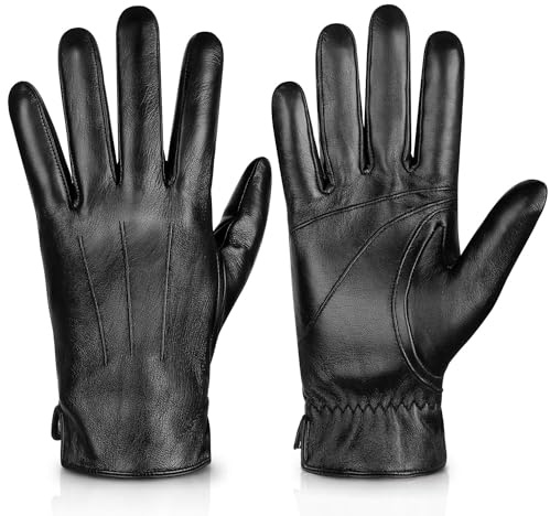 Alepo Handschuhe Herren Leder Winter Warm, Echtes Schaffell Lederhandschuhe Herren Winter Touchscreen-SMS mit Kaschmirfutter Fahren Motorradhandschuhe