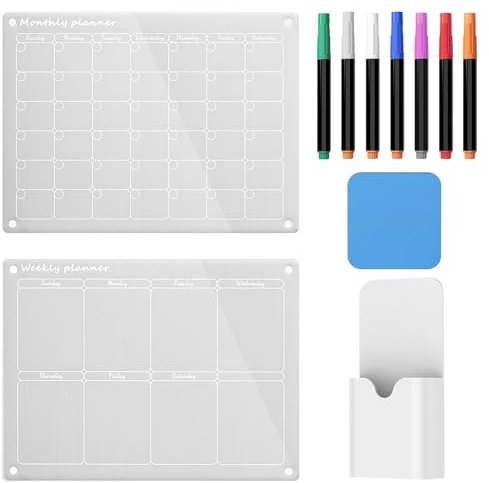 2 Stück Wochenplaner Kühlschrank Wochenplaner Abwischbar Wochenplaner Magnetisch Transparenter Planungstafeln mit Farbigen Markern Radiergummi Stifthalter für Kühlschrank Metallbedeckte Oberflächen
