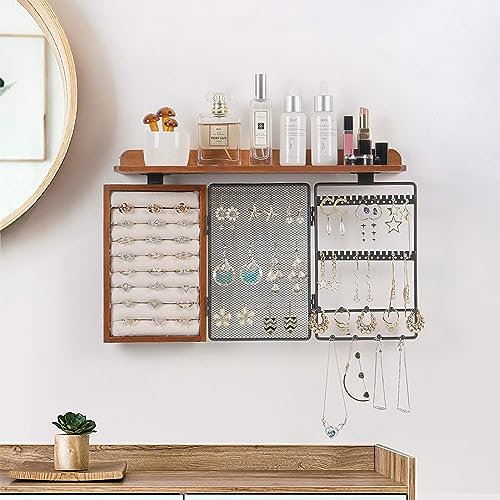 Organiseur de bijoux mural rustique à suspendre pour boucles d'oreilles, colliers, présentoir à bijoux mural avec étagère en bois rustique, organiseur de collier rotatif vintage en maille pour